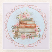 水彩ヴィンテージピンクローズ&ブックスフローラ ガラスコースター (正面)