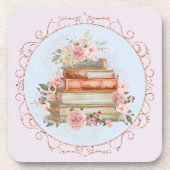 水彩ヴィンテージピンクローズ&ブックスフローラ コースター (正面)