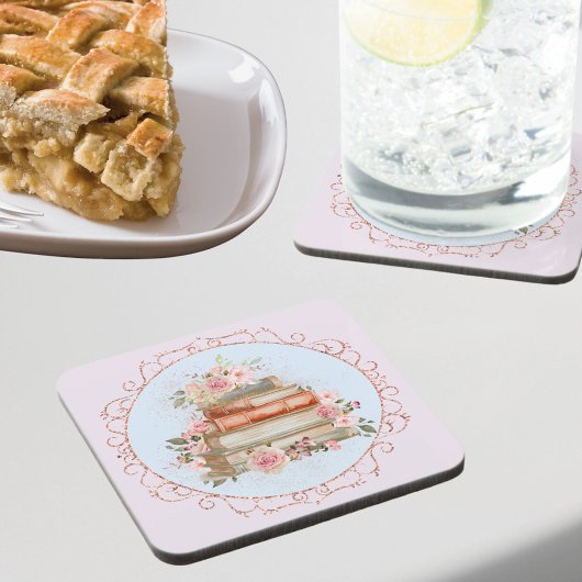 水彩ヴィンテージピンクローズ&ブックスフローラ コースター