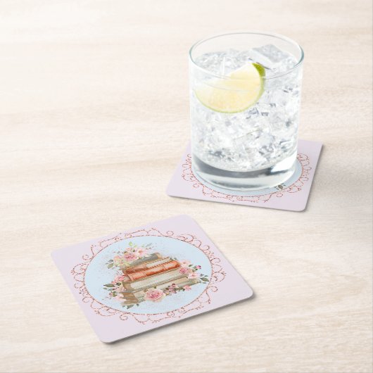 水彩ヴィンテージピンクローズ&ブックスフローラ スクエアペーパーコースター (インサイチュ)