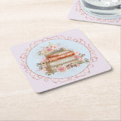 水彩ヴィンテージピンクローズ&ブックスフローラ スクエアペーパーコースター (アングル)