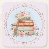 水彩ヴィンテージピンクローズ&ブックスフローラ スクエアペーパーコースター (正面)