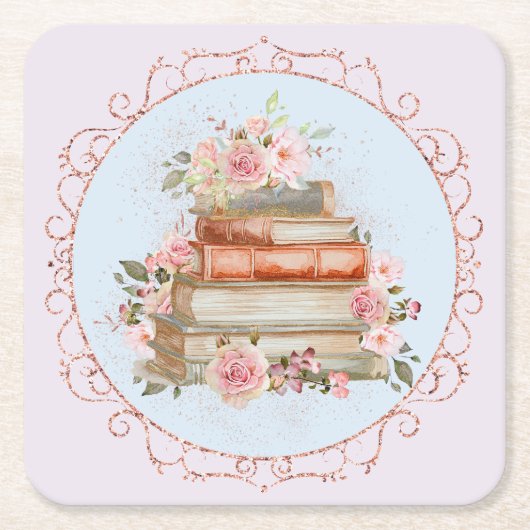 水彩ヴィンテージピンクローズ&ブックスフローラ スクエアペーパーコースター (正面)