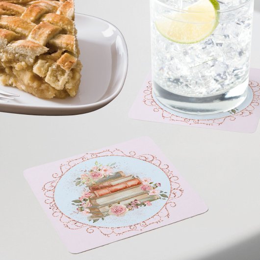 水彩ヴィンテージピンクローズ&ブックスフローラ スクエアペーパーコースター