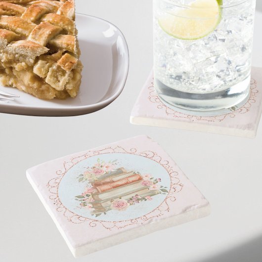 水彩ヴィンテージピンクローズ&ブックスフローラ ストーンコースター