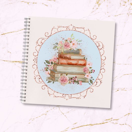 水彩ヴィンテージピンクローズ&ブックスフローラ ノートブック
