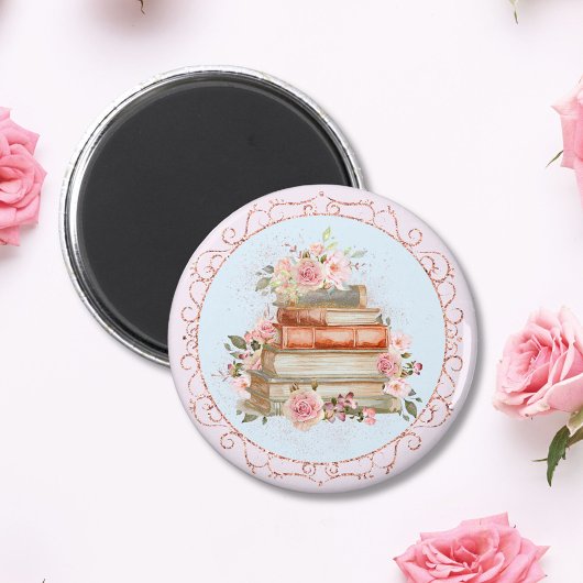水彩ヴィンテージピンクローズ&ブックスフローラ マグネット