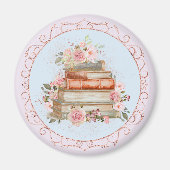 水彩ヴィンテージピンクローズ&ブックスフローラ マグネット (正面)