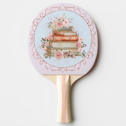 水彩ヴィンテージピンクローズ&ブックスフローラ 卓球ラケット (正面)