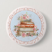 水彩ヴィンテージピンクローズ&ブックスフローラ 缶バッジ (正面)