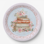 水彩ヴィンテージピンクローズ&ブックフローラ ペーパープレート (正面)