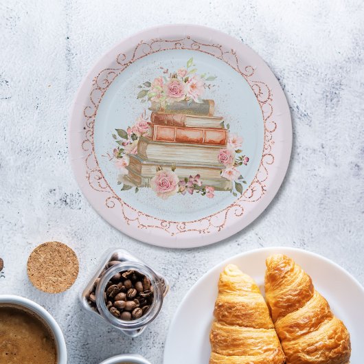 水彩ヴィンテージピンクローズ&ブックフローラ ペーパープレート