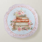 水彩ヴィンテージピンクローズ&ブックフローラ ラウンドクッション (正面)