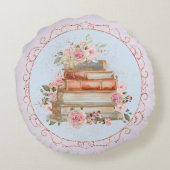 水彩ヴィンテージピンクローズ&ブックフローラ ラウンドクッション (裏面)