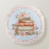 水彩ヴィンテージピンクローズ&ブックフローラ ラウンドクッション (正面)