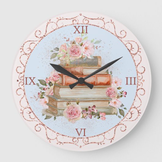 水彩ヴィンテージピンクローズ&ブックフローラ ラージ壁時計 (正面)