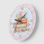 水彩ヴィンテージピンクローズ&ブックフローラ ラージ壁時計 (傾斜)