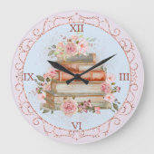水彩ヴィンテージピンクローズ&ブックフローラ ラージ壁時計 (正面)