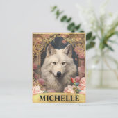 水彩ヴィンテージホワイトウルフとピンクローズ ポストカード (スタンド正面)