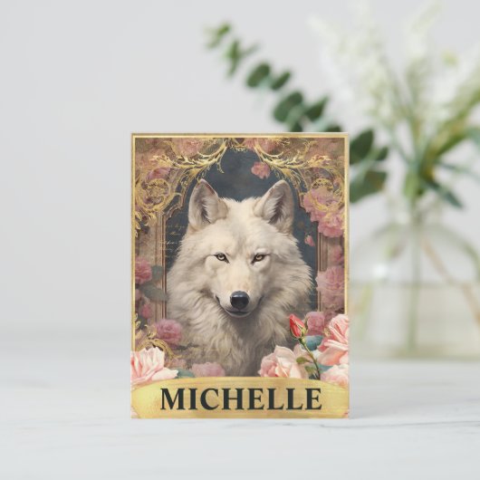 水彩ヴィンテージホワイトウルフとピンクローズ ポストカード (スタンド正面)