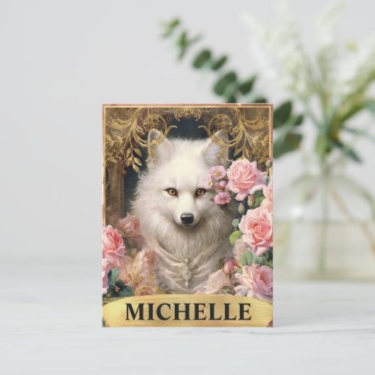 水彩ヴィンテージホワイトキツネとピンクローズ ポストカード (スタンド正面)