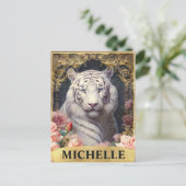 水彩ヴィンテージホワイトタイガーとピンクのバラ ポストカード (スタンド正面)