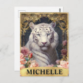 水彩ヴィンテージホワイトタイガーとピンクのバラ ポストカード (正面/裏面)