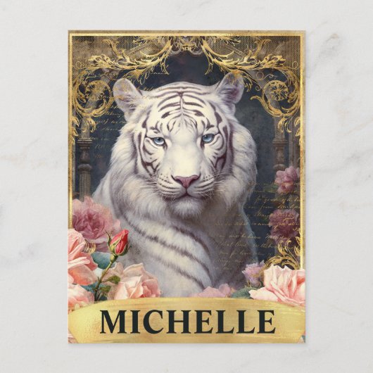 水彩ヴィンテージホワイトタイガーとピンクのバラ ポストカード (正面)