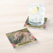 水彩ヴィンテージホワイトドラゴンとピンクローズ ガラスコースター (アングル)