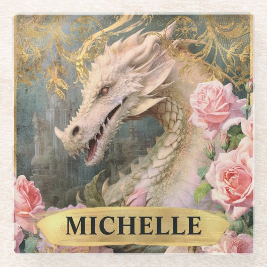 水彩ヴィンテージホワイトドラゴンとピンクローズ ガラスコースター (正面)