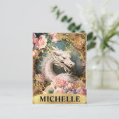 水彩ヴィンテージホワイトドラゴンとピンクローズ ポストカード (スタンド正面)