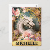 水彩ヴィンテージホワイトドラゴンとピンクローズ ポストカード (正面/裏面)