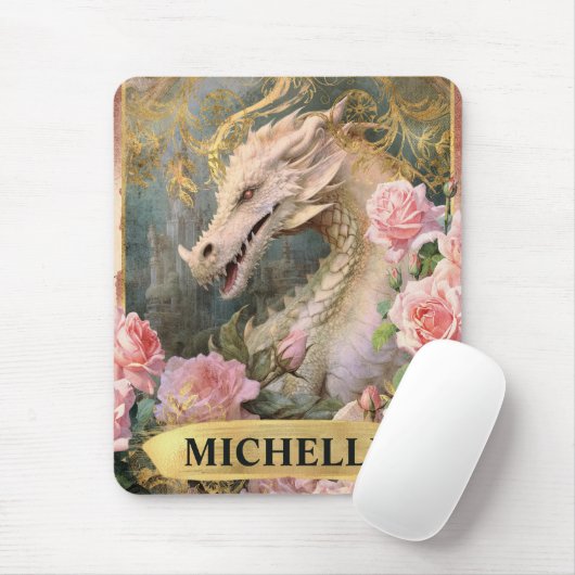 水彩ヴィンテージホワイトドラゴンとピンクローズ マウスパッド (マウス)