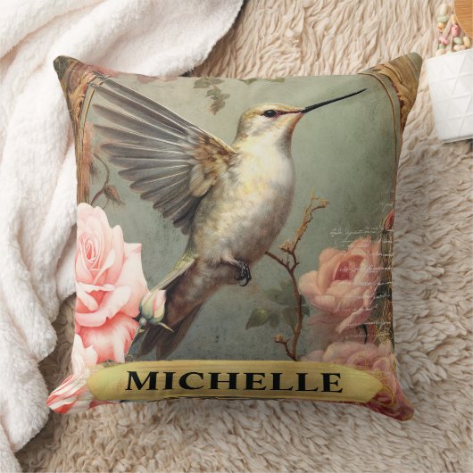 水彩ヴィンテージホワイトハミングバード&ピンクローズ クッション (ブランケット)
