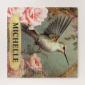 水彩ヴィンテージホワイトハミングバード&ピンクローズ ジグソーパズル (横)