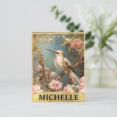 水彩ヴィンテージホワイトハミングバード&ピンクローズ ポストカード (スタンド正面)