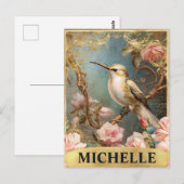 水彩ヴィンテージホワイトハミングバード&ピンクローズ ポストカード (正面/裏面)