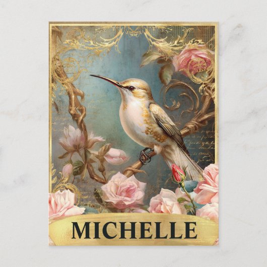 水彩ヴィンテージホワイトハミングバード&ピンクローズ ポストカード (正面)