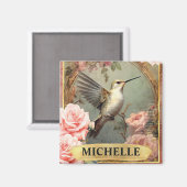 水彩ヴィンテージホワイトハミングバード&ピンクローズ マグネット (正面/裏面)