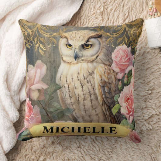 水彩ヴィンテージホワイトフクロウとピンクローズ クッション (ブランケット)