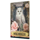 水彩ヴィンテージホワイトフクロウとピンクローズ クリップボード (左)