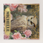 水彩ヴィンテージホワイトフクロウとピンクローズ ジグソーパズル (横)