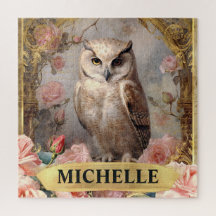 水彩ヴィンテージホワイトフクロウとピンクローズ