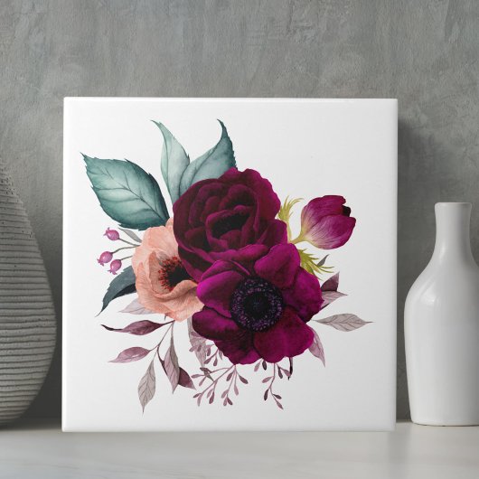 水彩ヴィンテージボホパープルフラワーズフローラ タイル