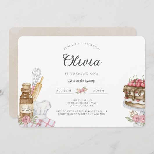 水彩ヴィンテージボーホベーキング誕生日パーティー 招待状 (正面/裏面)