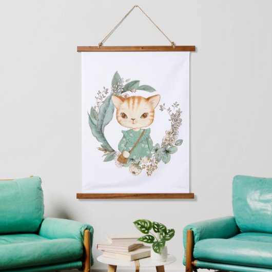 水彩ヴィンテージ子猫 吊り下げ型タペストリー (リビング)