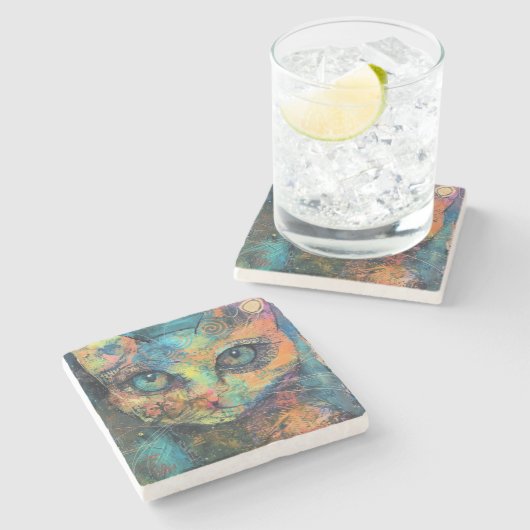 水彩ヴィンテージ抽象芸術キャット(10)石コースター ストーンコースター (横)