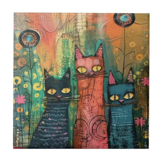 水彩ヴィンテージ抽象芸術猫 タイル (正面)