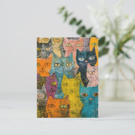 水彩ヴィンテージ抽象芸術猫(12) インビテーションポストカード (スタンド正面)