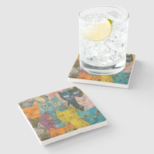 水彩ヴィンテージ抽象芸術猫(12) ストーンコースター (横)